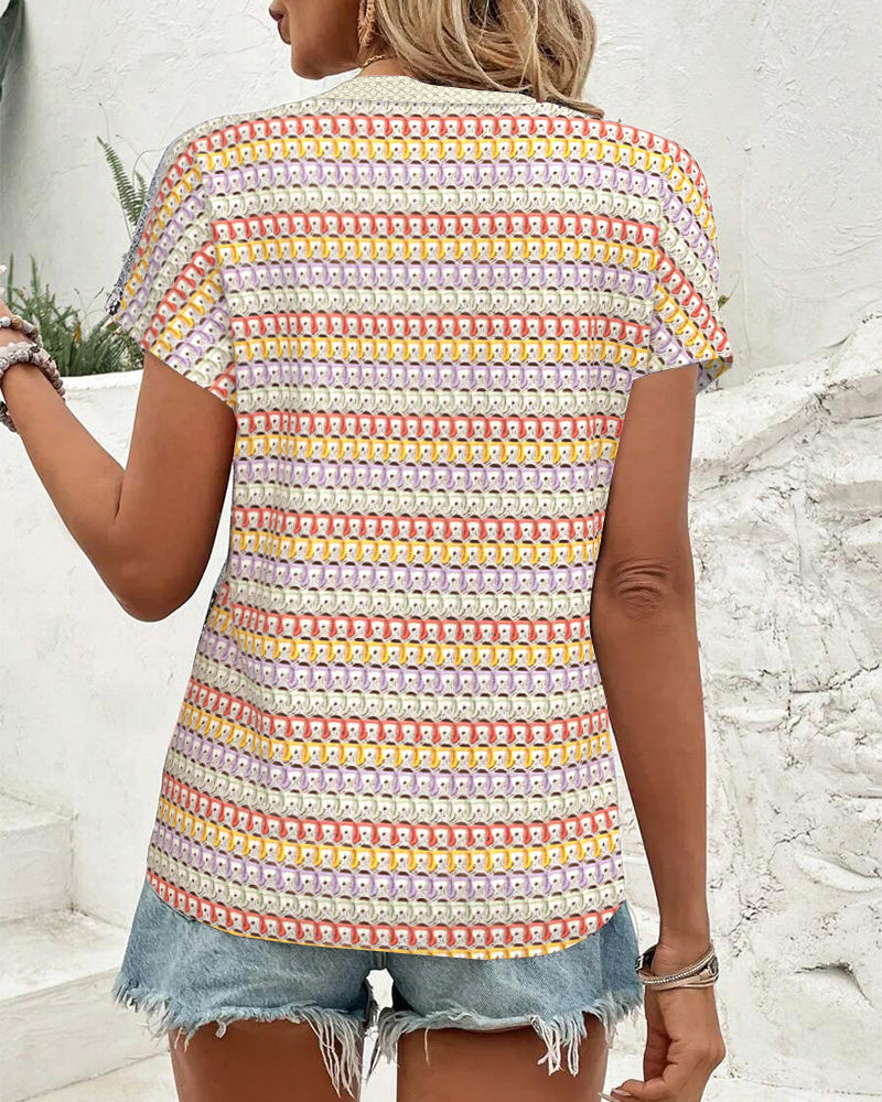 Blouse Col En V Contrastée Manches Courtes