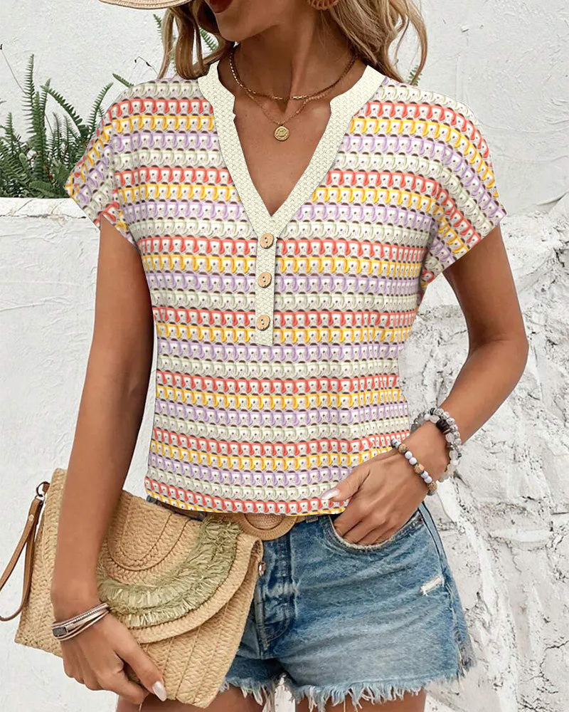Blouse Col En V Contrastée Manches Courtes