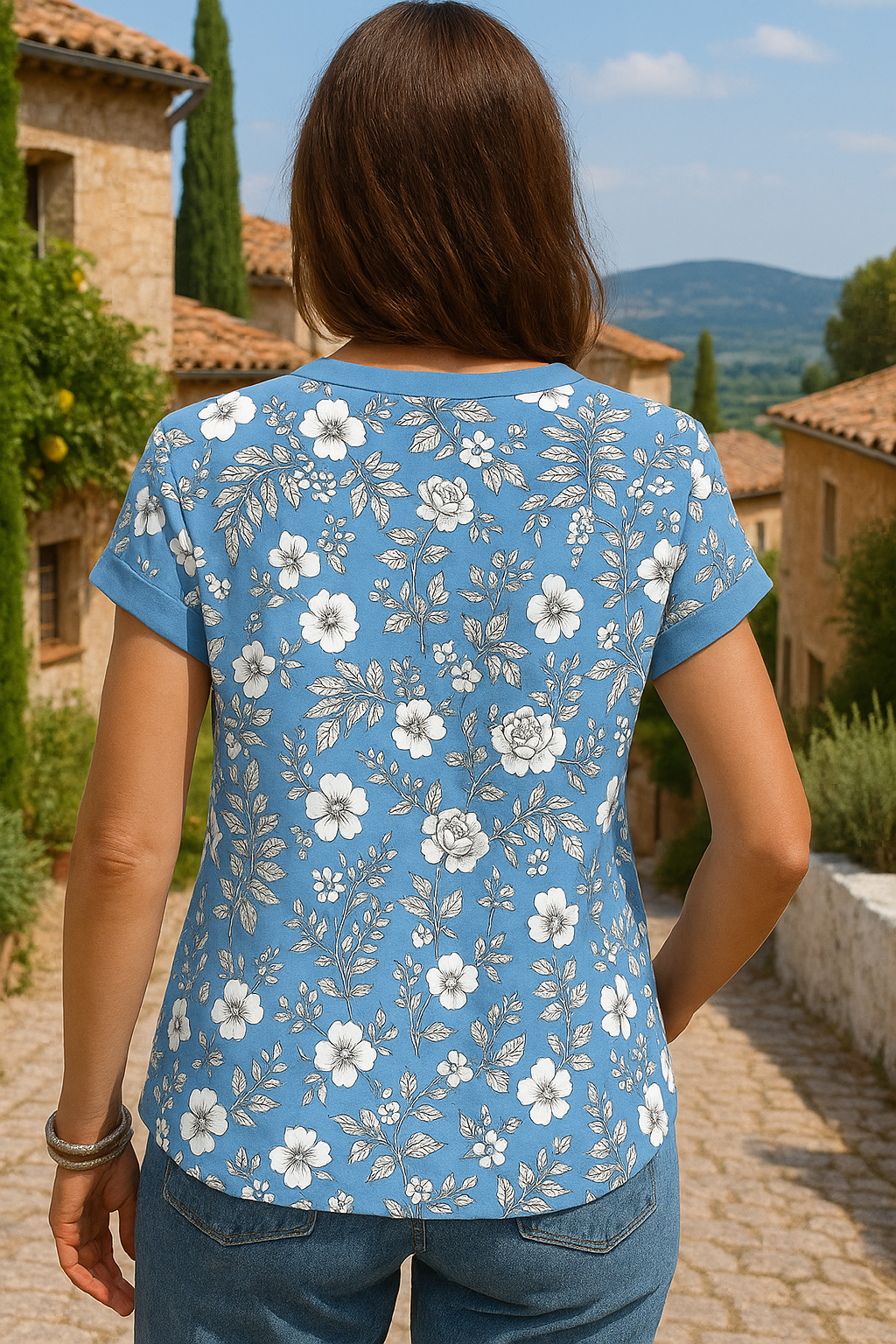 Blouse Imprimé Fleuri Col En V Manche Courte Décontractée