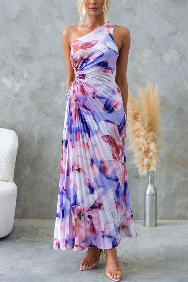 Deja - Robe Maxi Plissée à Fleurs à Une Épaule
