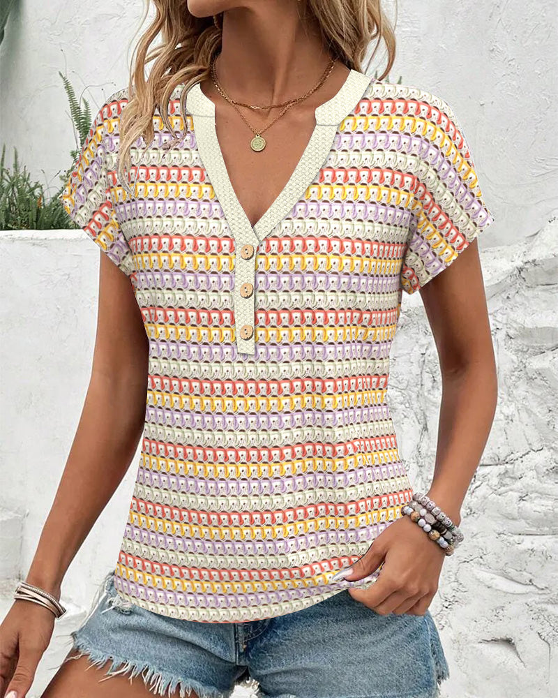Blouse Col En V Contrastée Manches Courtes